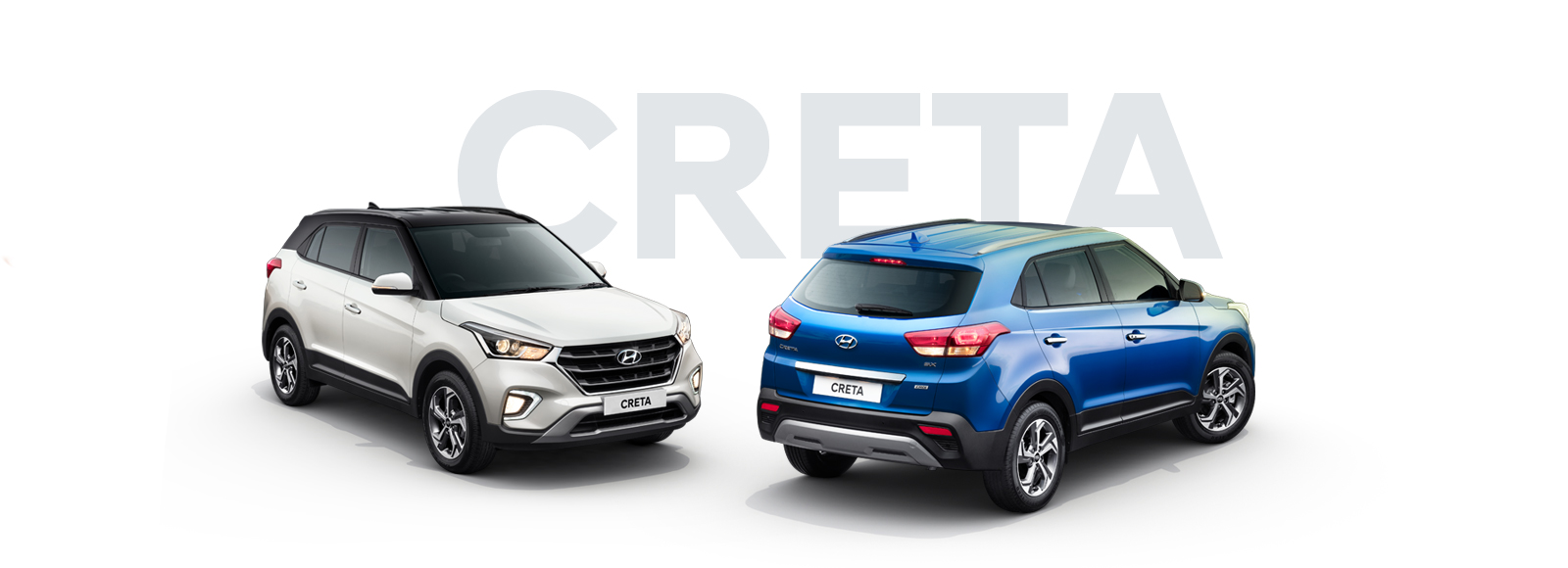 Side view of white Creta in front and navy Creta parked behind with the text All-New-Creta on the background